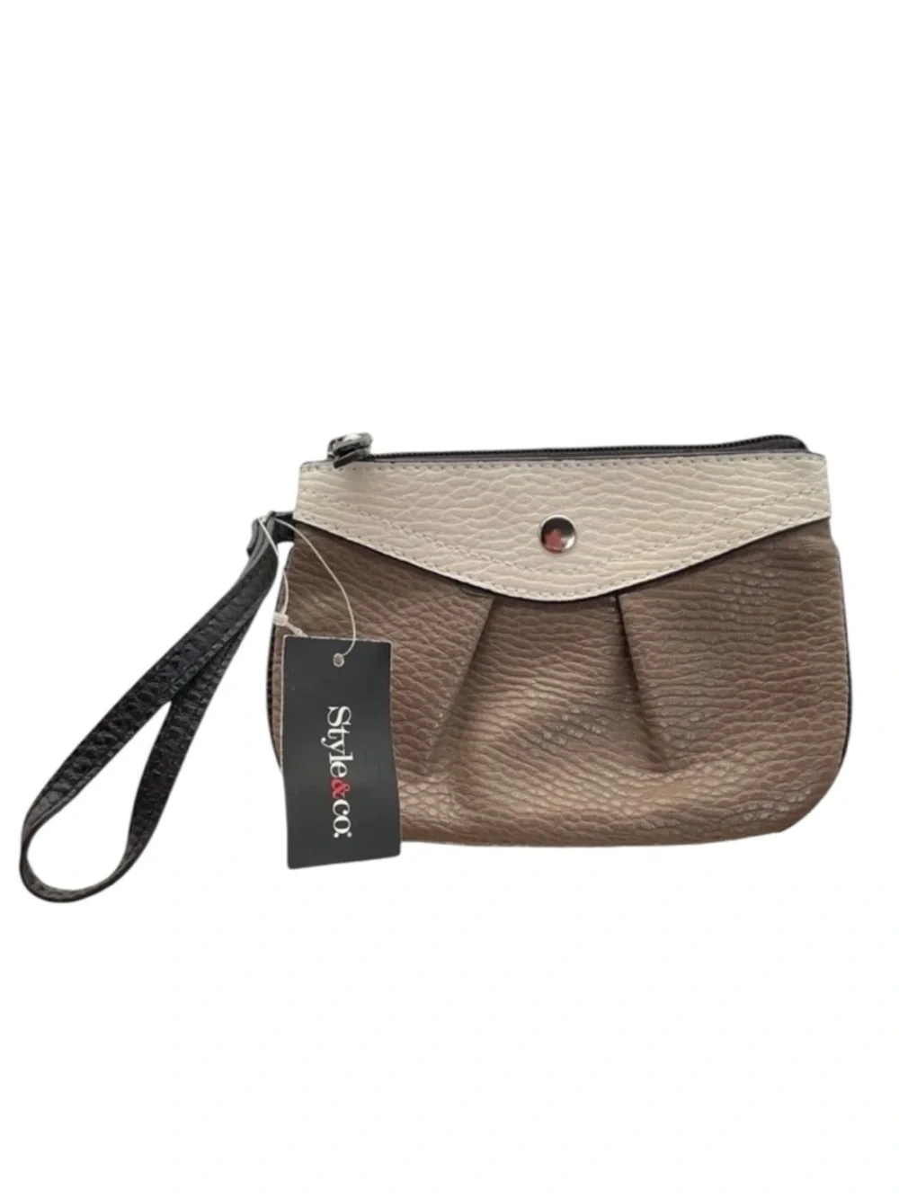 Style & Co Womens Pebbled Faux Leather Wristlet‎ Clutch Tan Cream Black New